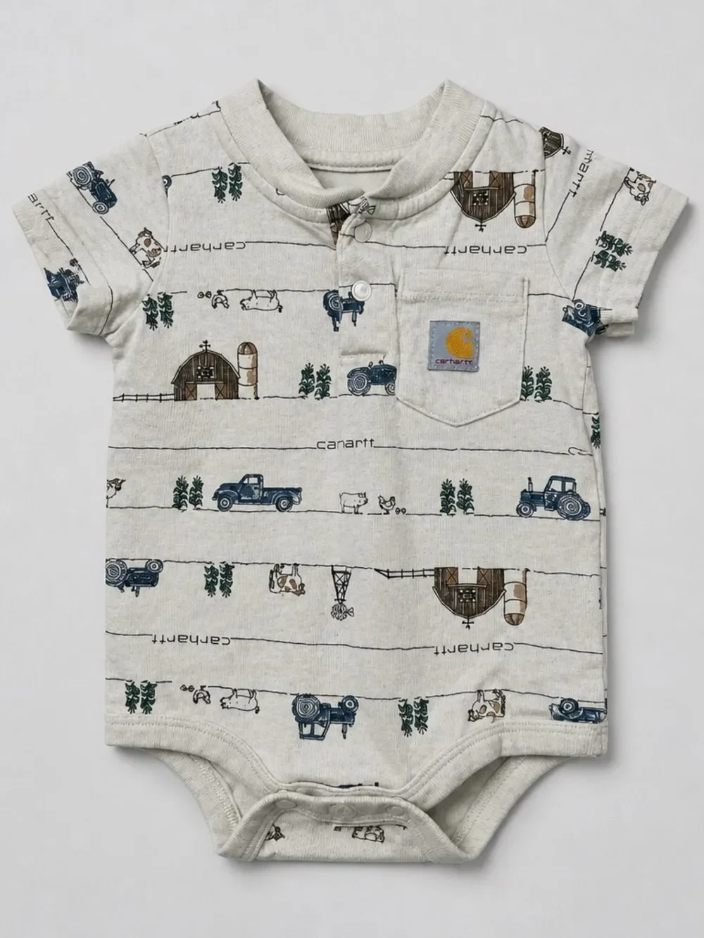 Carhartt tan farm print one piece Henley pocket tee. Size 6 months